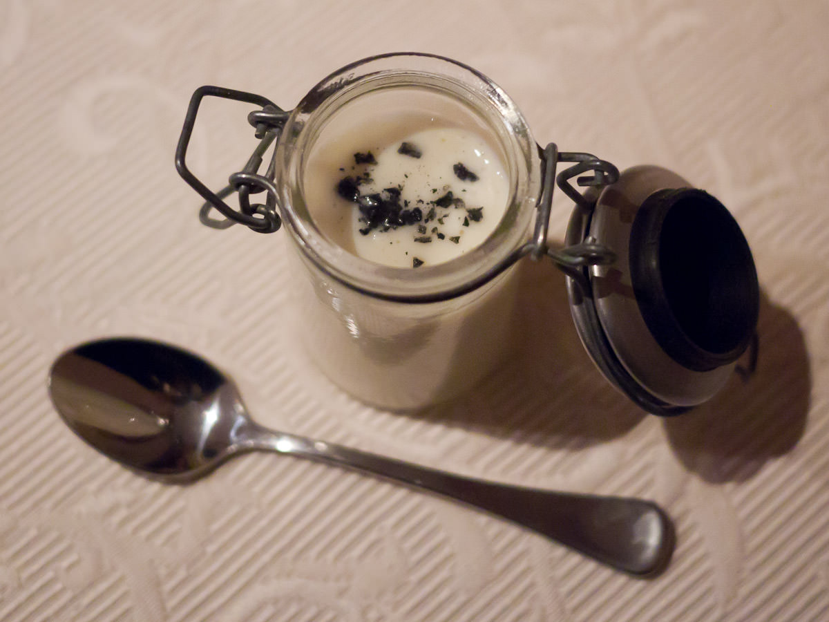 Amuse bouche (AU$6) - cream of cauliflower soup with truffle