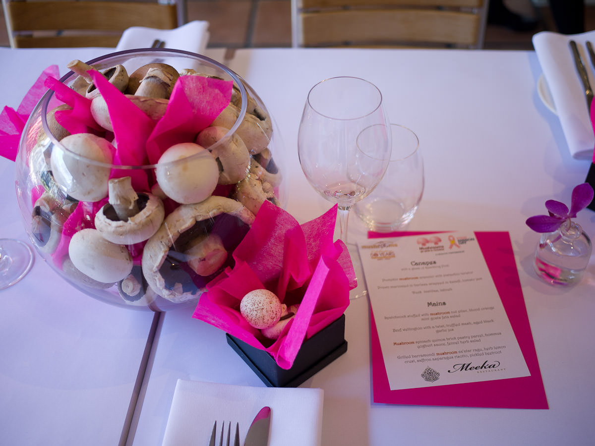 Table setting with mushrooms and pink