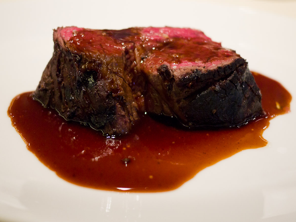 Slow cooked charred Rangers Valley beef fillet with red wine sauce