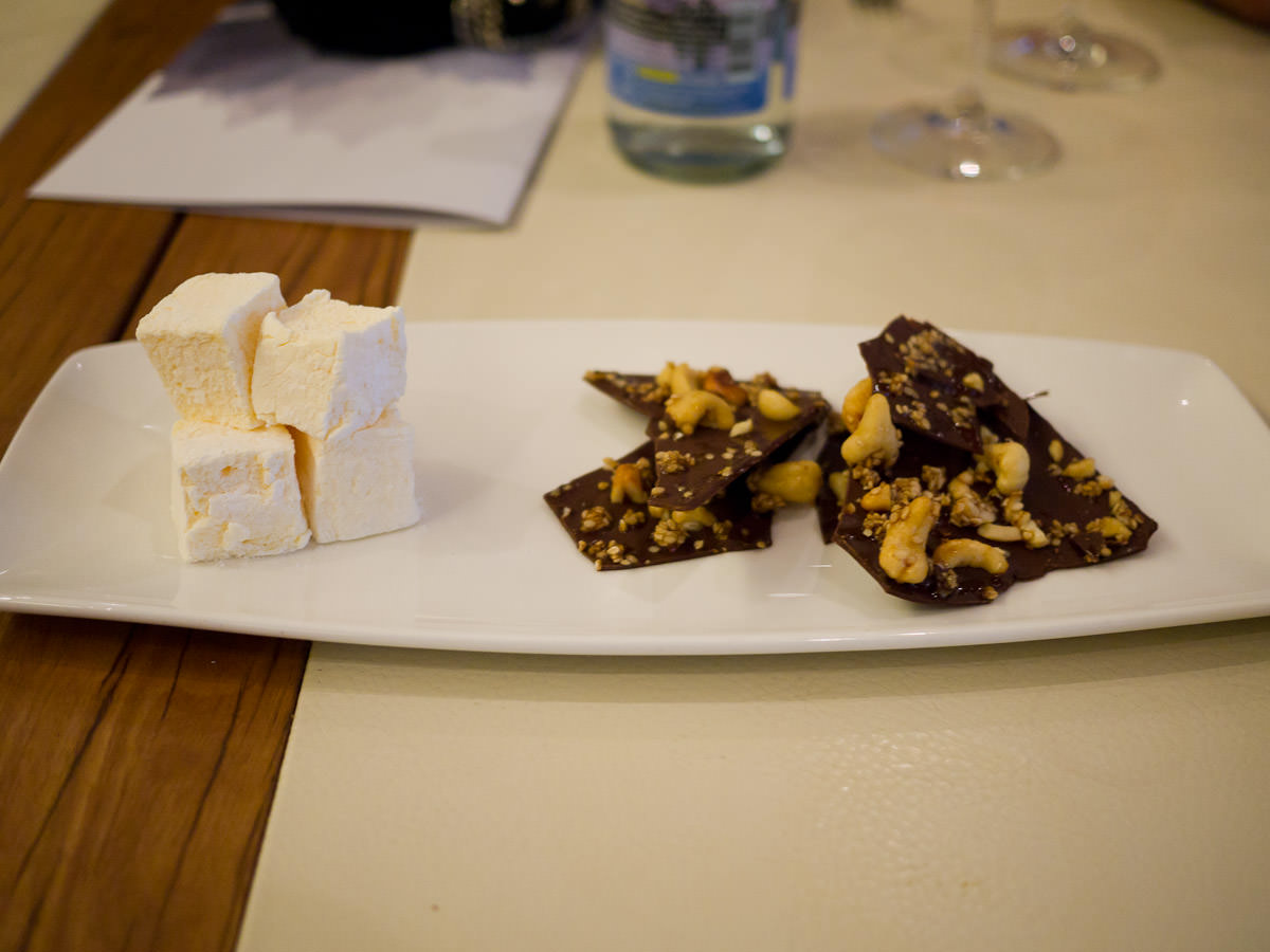 Cashew and sesame chocolate bark and passionfruit marshmallow
