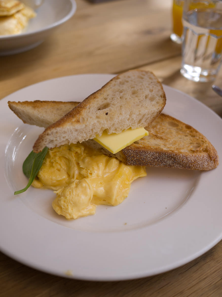 Scrambled eggs with sourdough toast (AU$13.50)