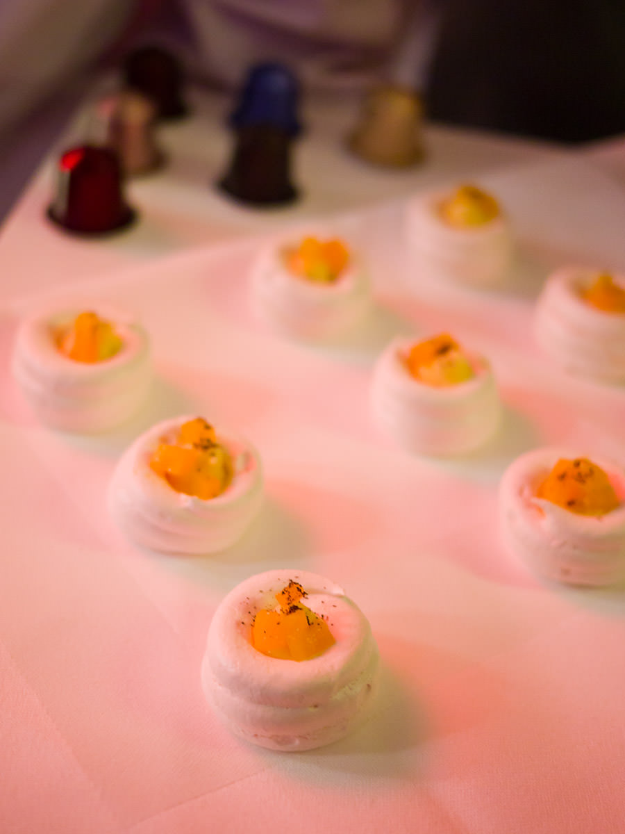Meringue, star anise creme, mango and a dusting of Nespresso Cosi