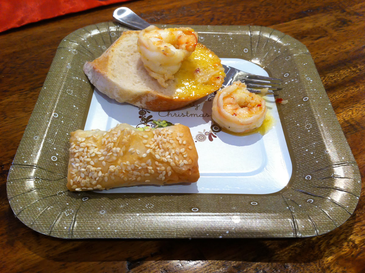 Garlic chilli prawns, bread and filo cheese pastry cigar