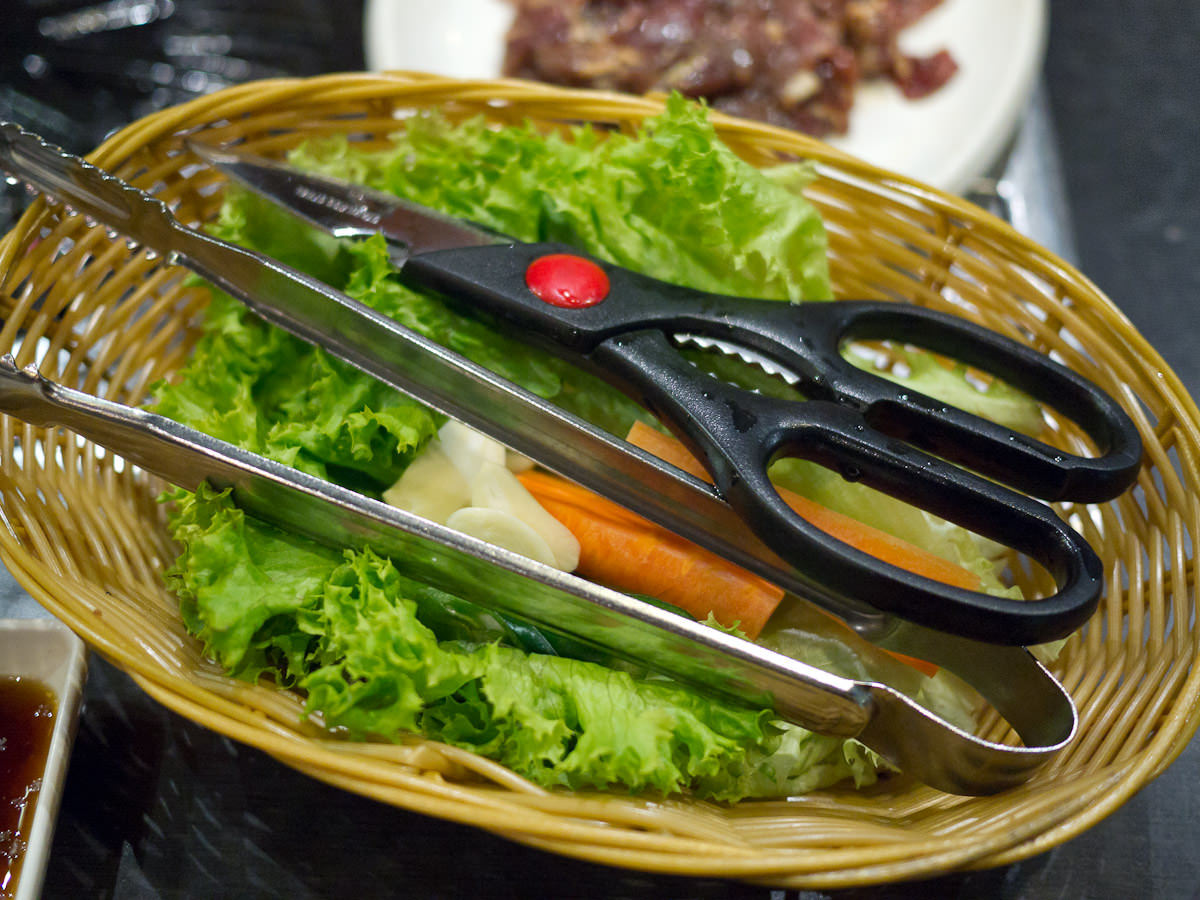 Salad, scissors, tongs