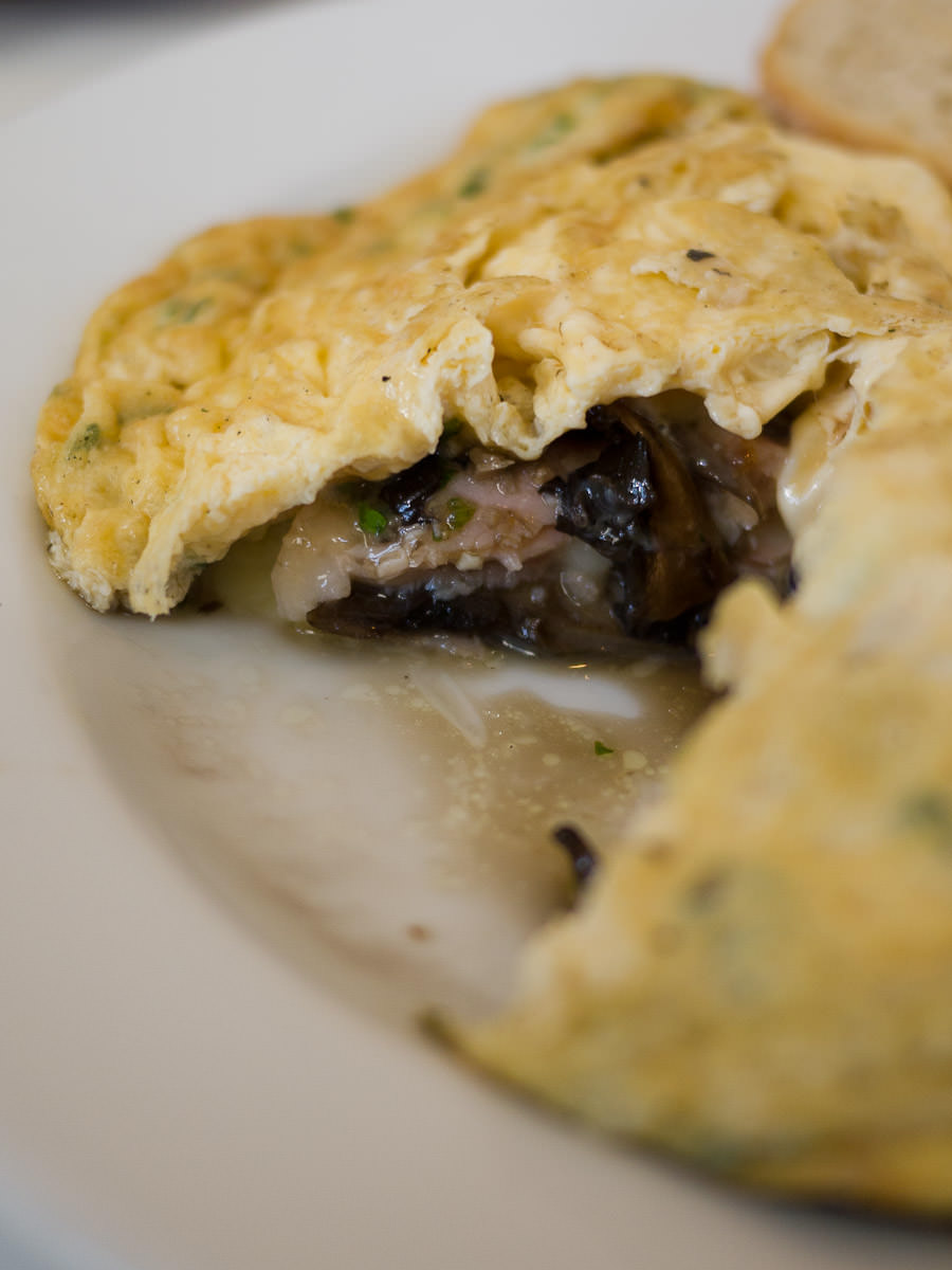 Omelette innards - with smoked ham, mushrooms, chives and provolone cheese (AU$17)