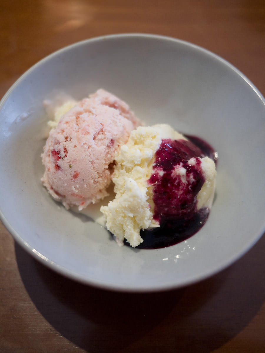 Homemade strawberry and vanilla ice creams