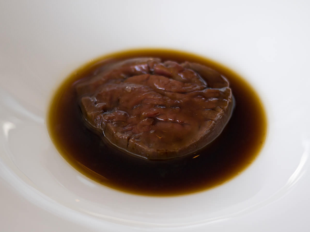 Pure-bred wagyu, bitter chocolate black pudding, oxtail consomme