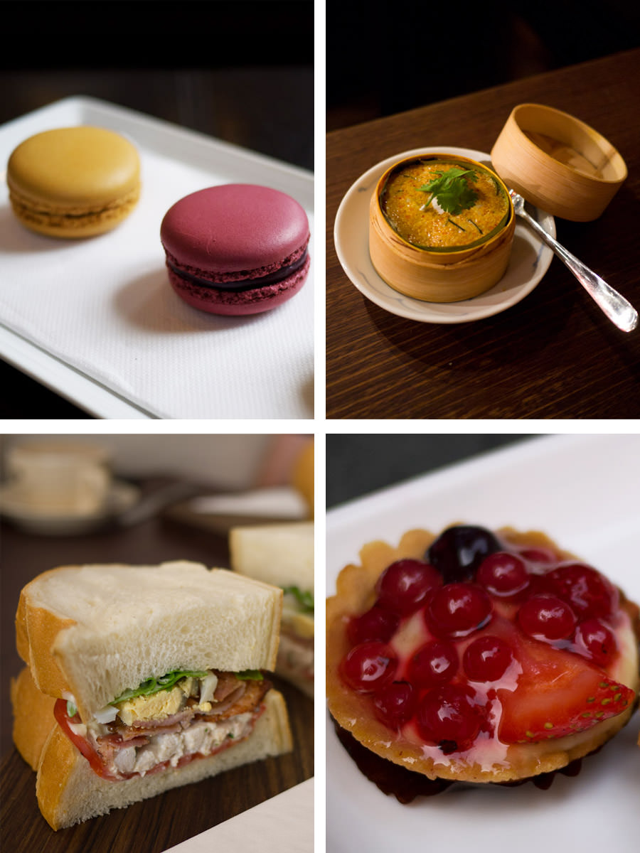 Starting top left, clockwise: macarons, otak-otak, mixed berry tart, smoked bacon, poached chicken and smashed egg sandwich