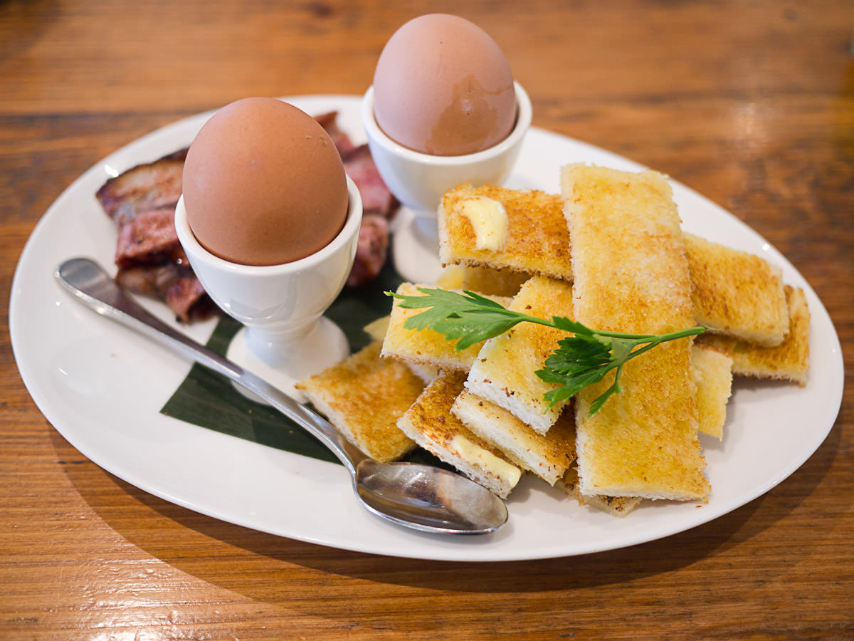 Soft boiled dippy eggs and hot buttered soldiers (AU$12)