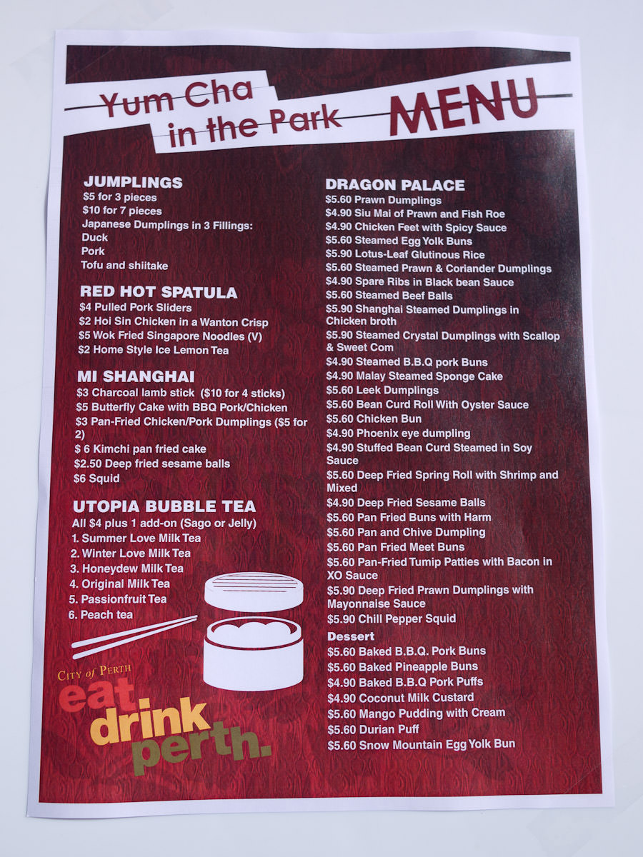 Yum Cha in the Park menu