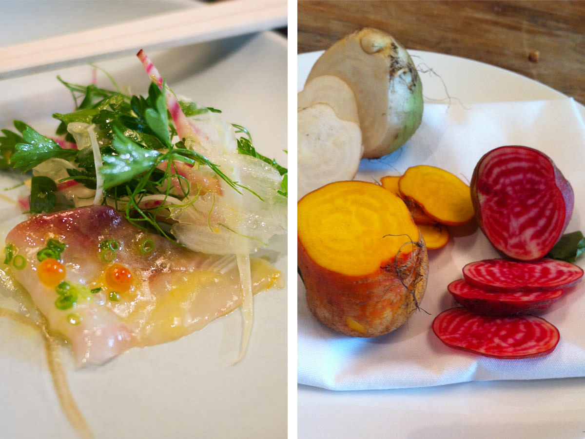 L-R: kingfish with salad; candy striped, golden and white beetroot