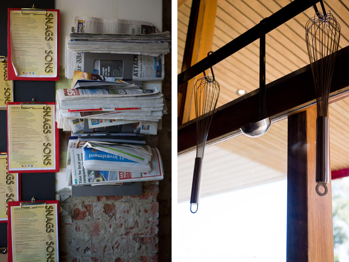Menus and newspaper as you walk in; whisks and ladles hang in the window