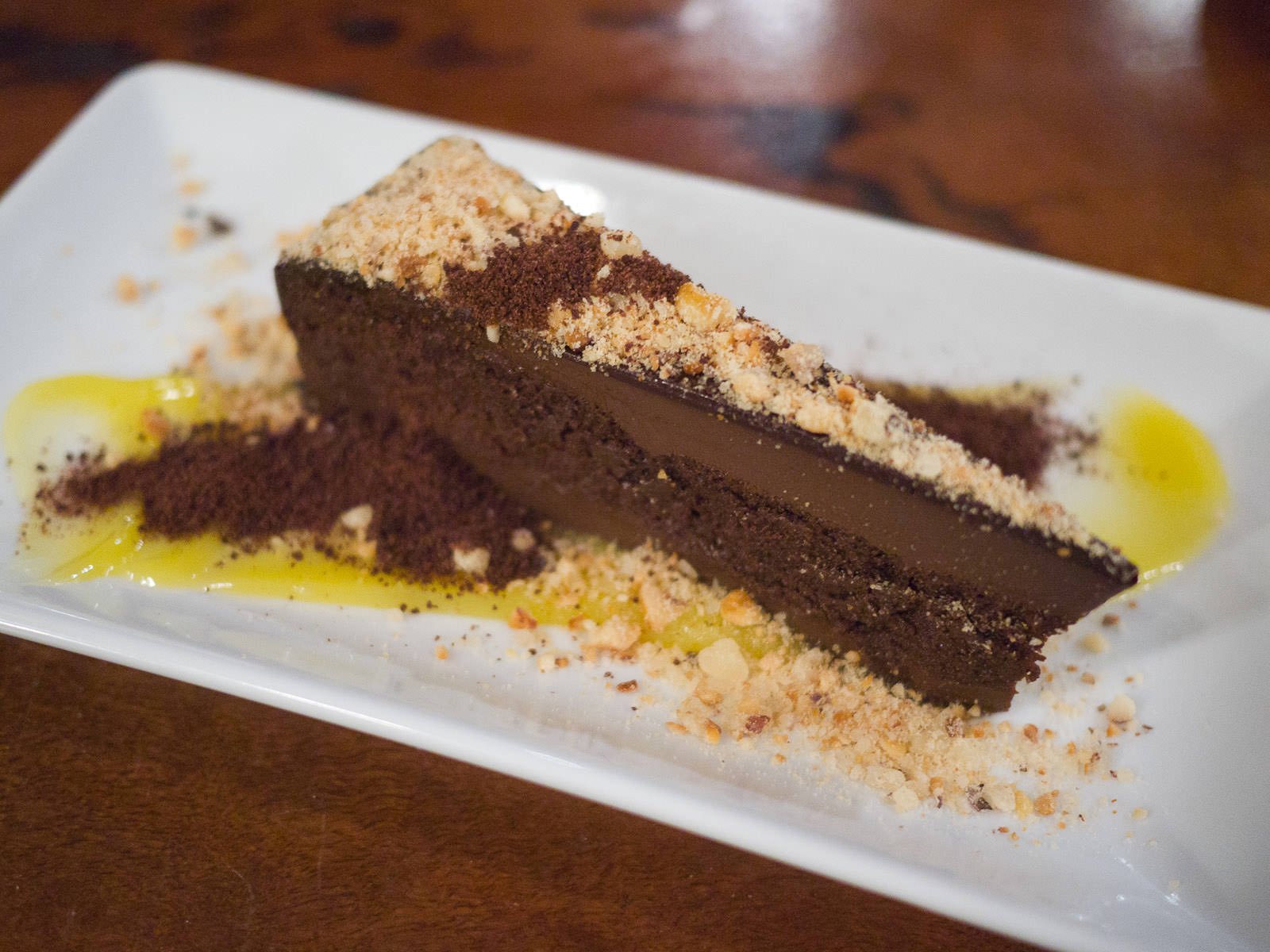 Flourless chocolate cake, lime curd, praline, chocolate dirt (AU$14)