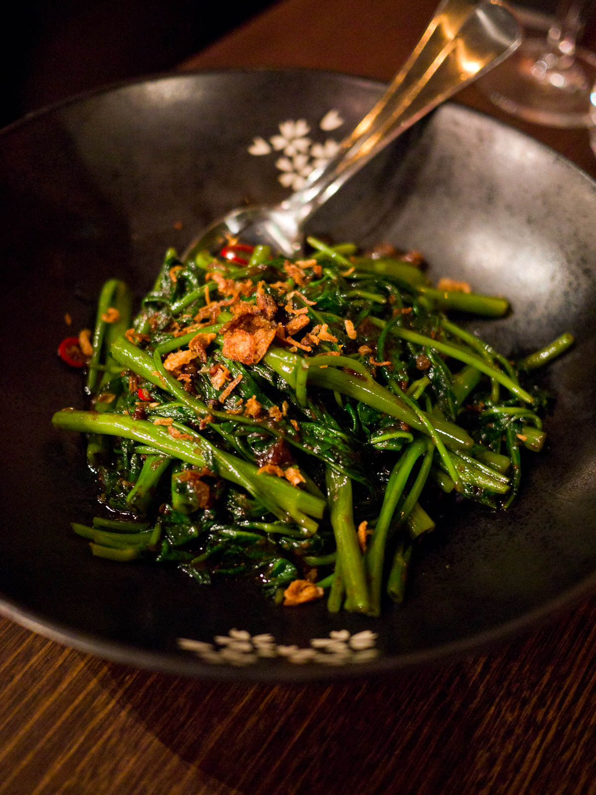 Bella Chan Kang Kong - Water convolvulus tossed in a light chilli prawn paste (AU$15)