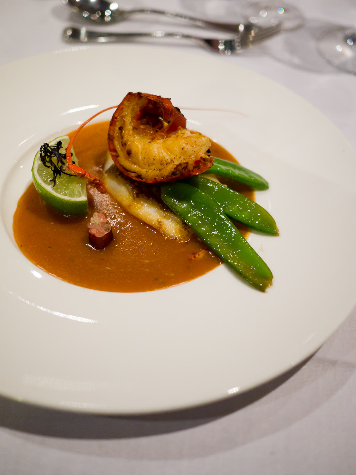 Pink snapper with local marron, sweet snow peas and seafood bisque