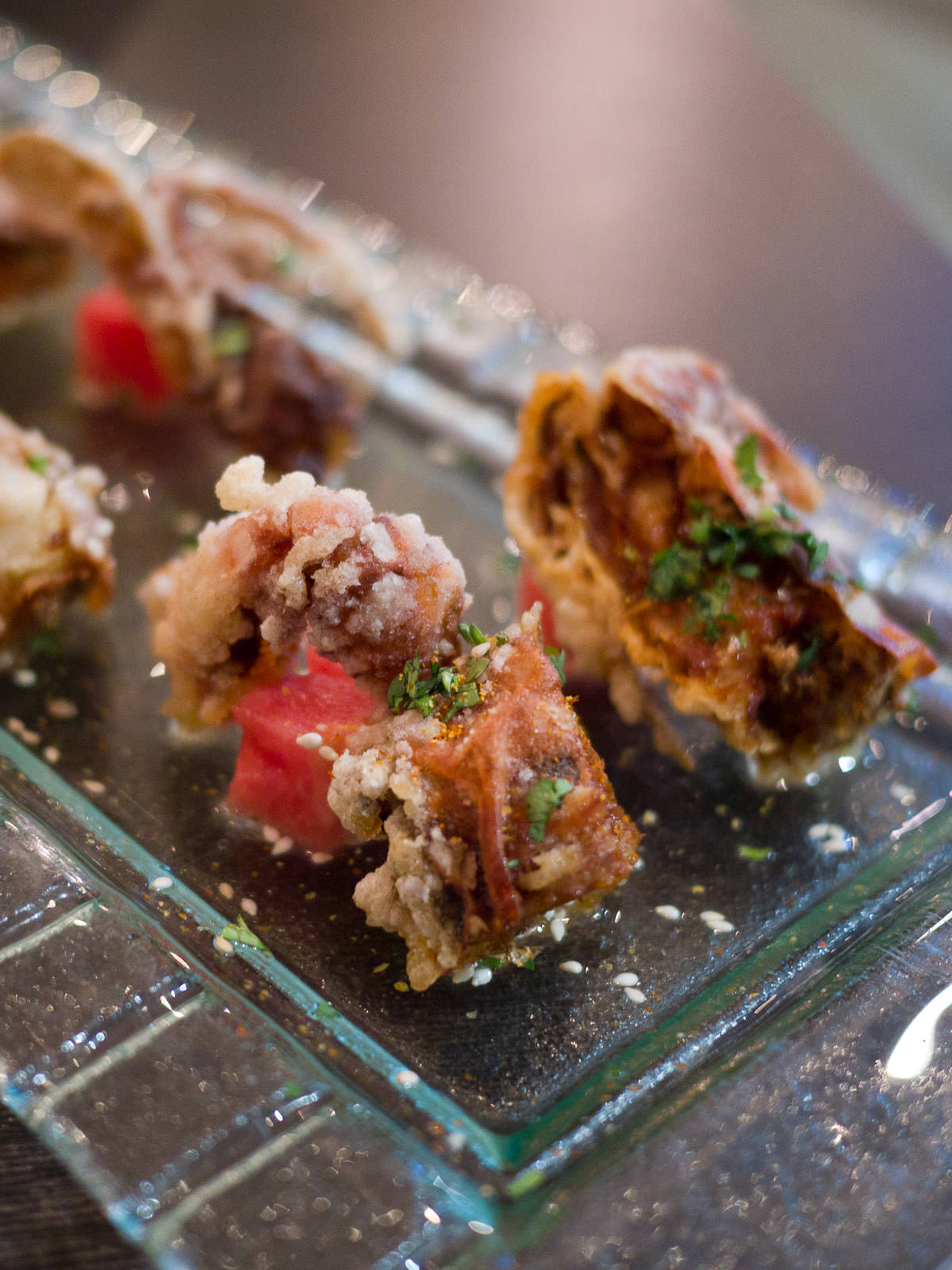 Soft shell crab with watermelon pieces and ginger vinaigrette (AU$14)