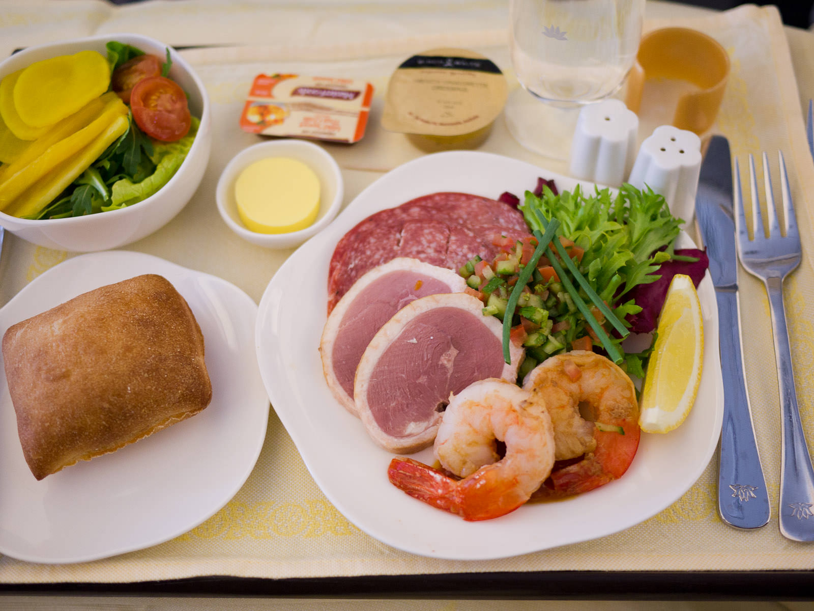 Hors D'oeuvre: smoked duck breast, Hungarian salami and grilled prawn, served with salad