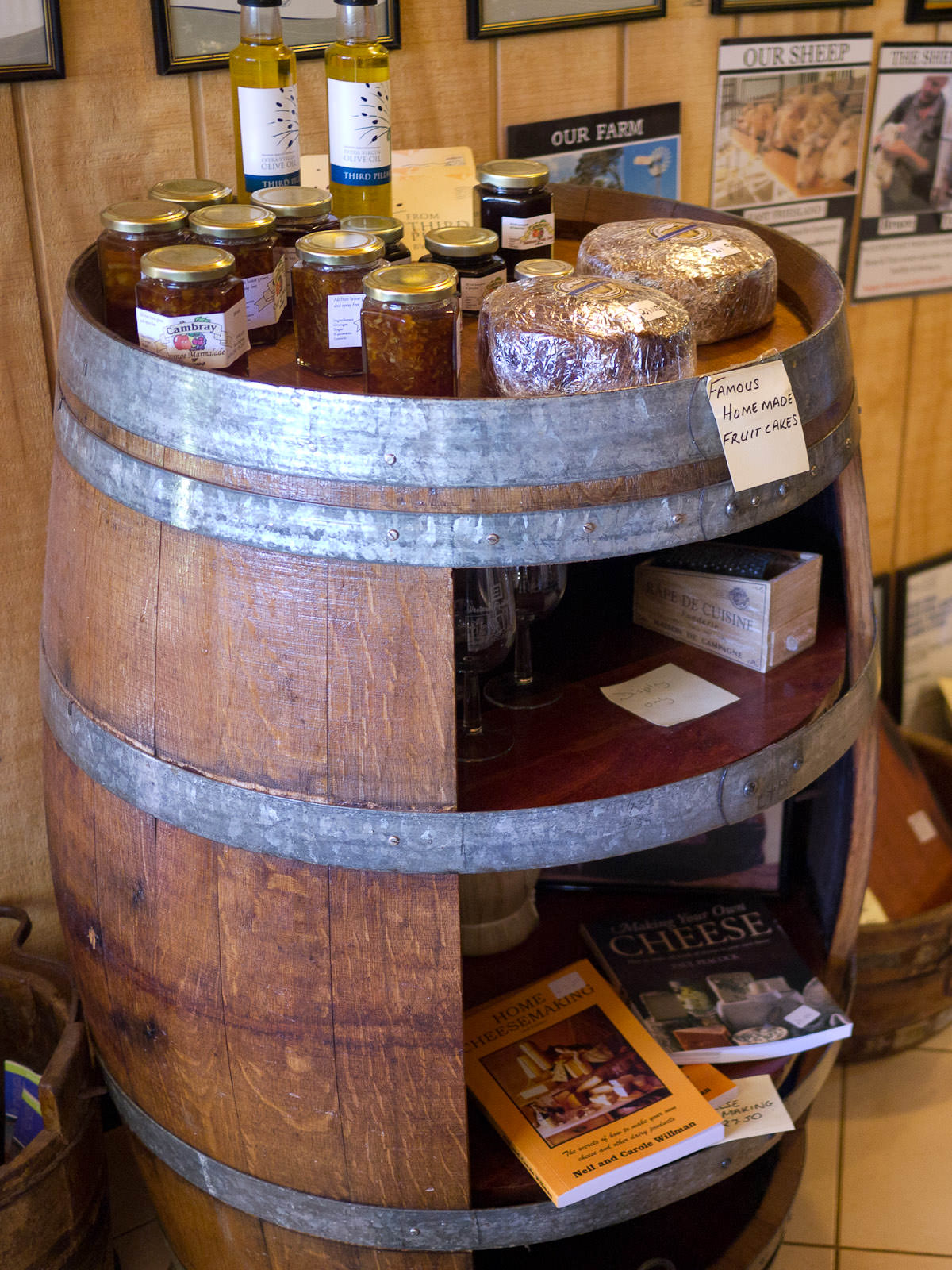 Barrel of goodies - local olive oil, preserves, famous homemade fruit cakes and books about cheese