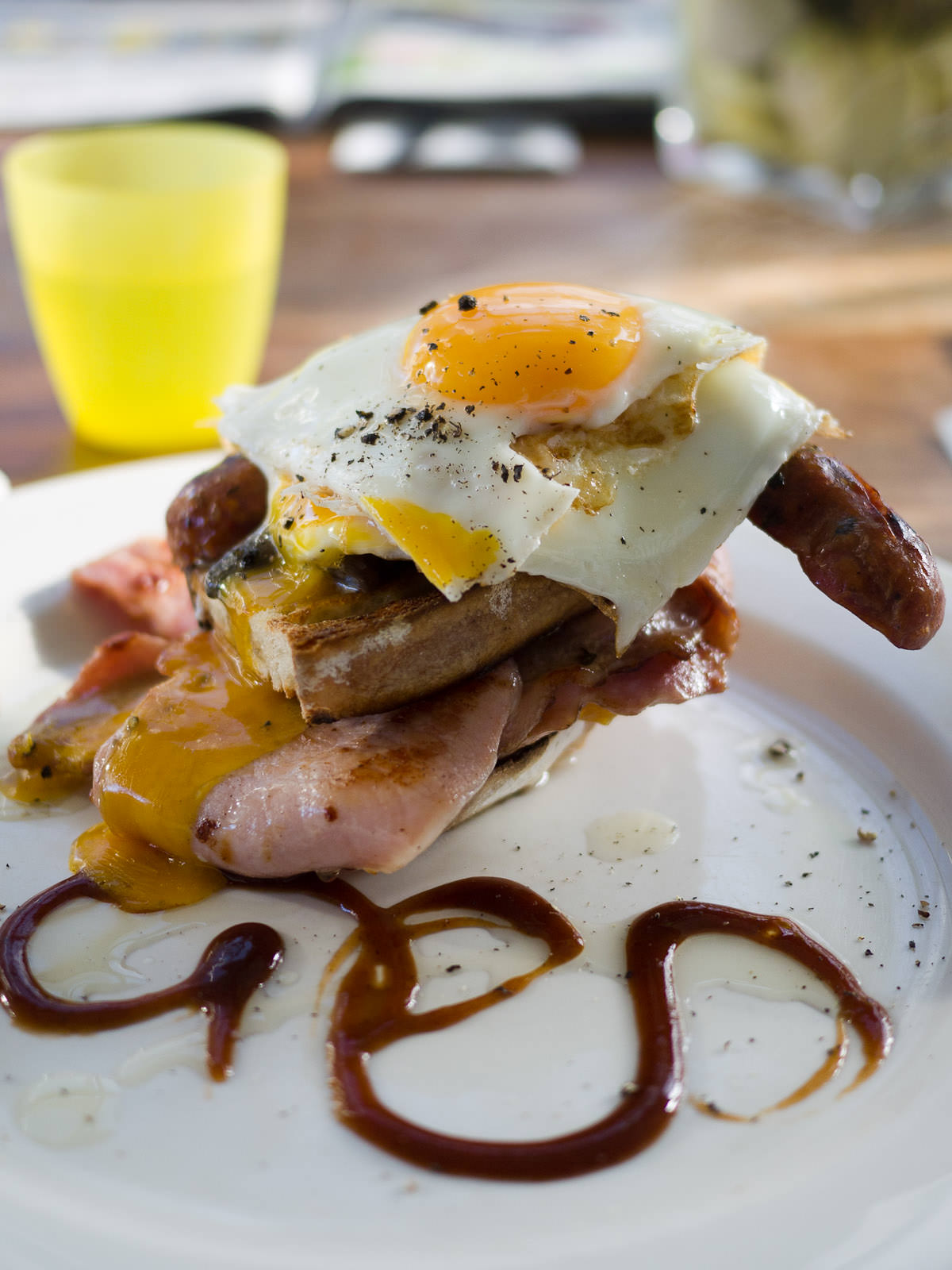 Bombie (AU$20.50) - free range egg, bacon, chorizo, mushroom, tomato on sourdough