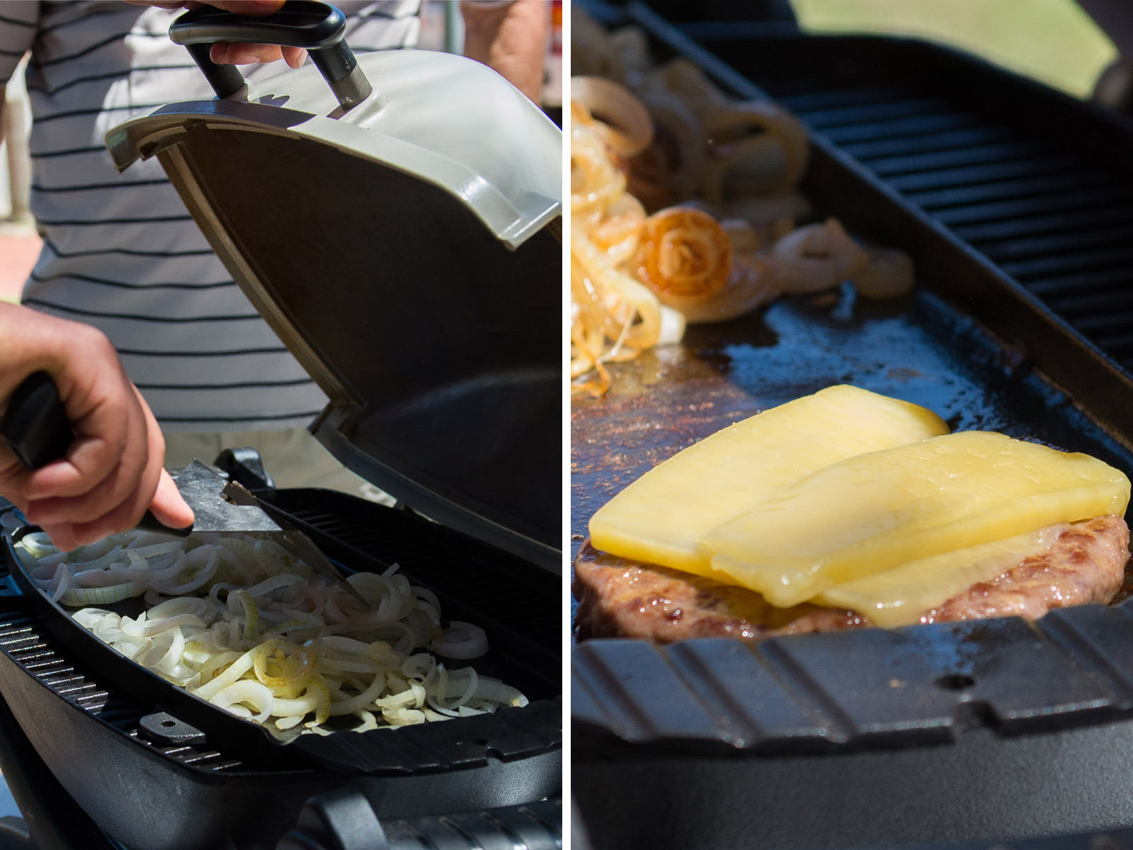 Onions and burgers topped with cheese on the barbecue