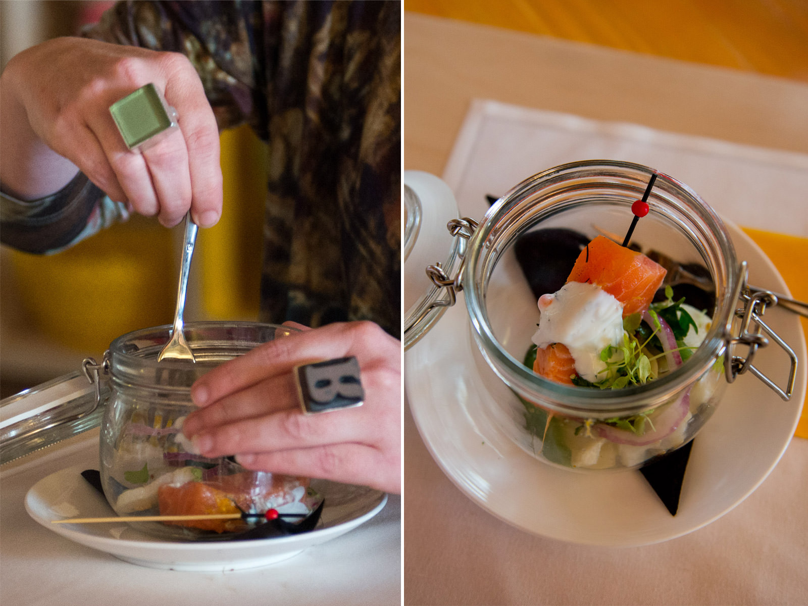 Atlantic salmon, lightly cured, served in a smoking jar with scattered potato salad