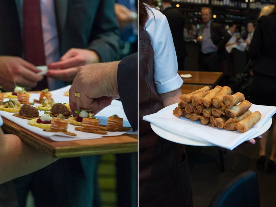 L-R: Canapes, pulled pork cigars