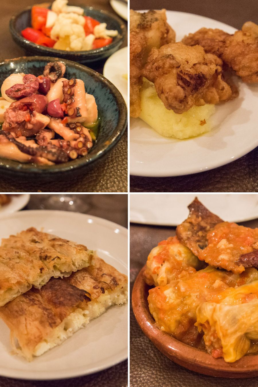 Clockwise from top left: salate od hobotnice (slow-cooked octopus, shallot, olive, EVOO); skordalia (shallow fried salt cod and garlicky potato puree); sarma (braised veal and pork, stuffed pickled cabbage, smoked bacon); guba so ciren (cheese and leek burek)
