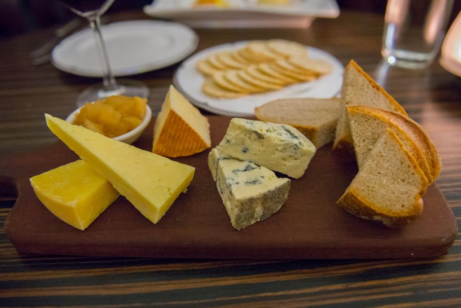 Selection of cheeses, apple & pear chutney, water crackers, rye bread (v, 3-cheese, AU$22)