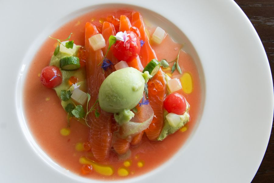 Cured Ora king salmon with watermelon, cucumber, avocado and wasabi (NZ$25)