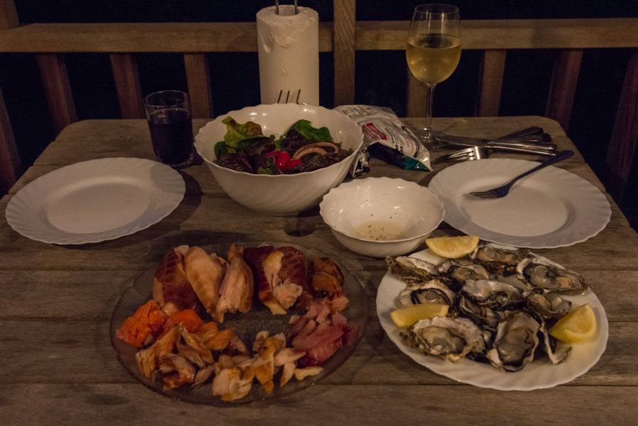Te Matuku oysters and smoked seafood, smoked chicken and salad