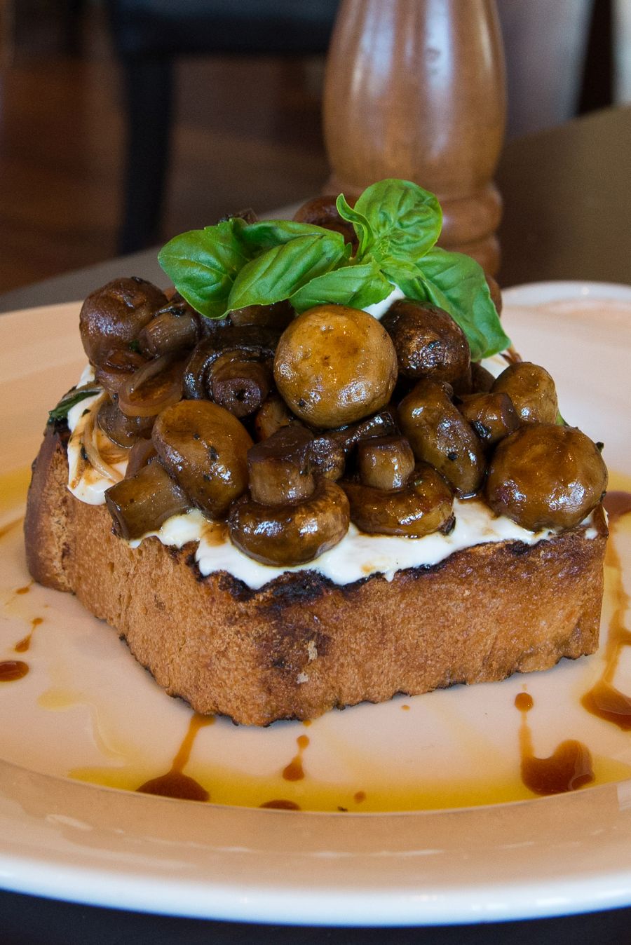 Mushrooms on toast (AU$15) with goats curd, basil and vincotto