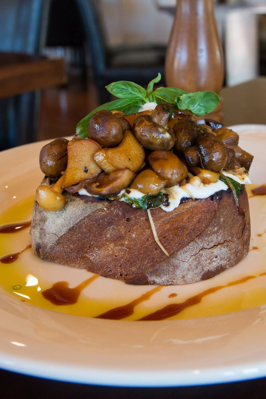 Mushrooms on toast (AU$15) with goats curd, basil and vincotto - reverse view