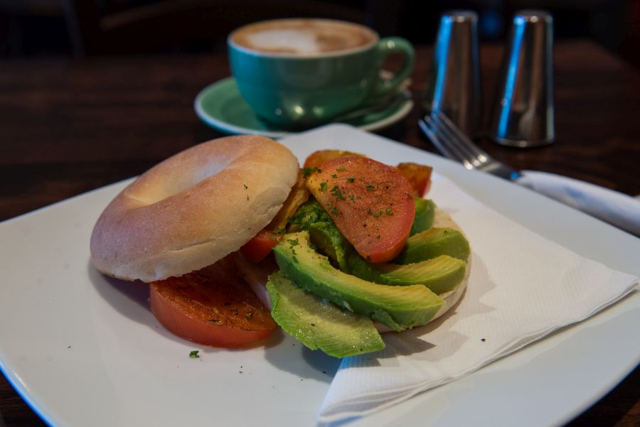 A 'light' breakfast in anticipation of more eating: toasted bagel with avocado and tomato at Sol Cafe, Napier