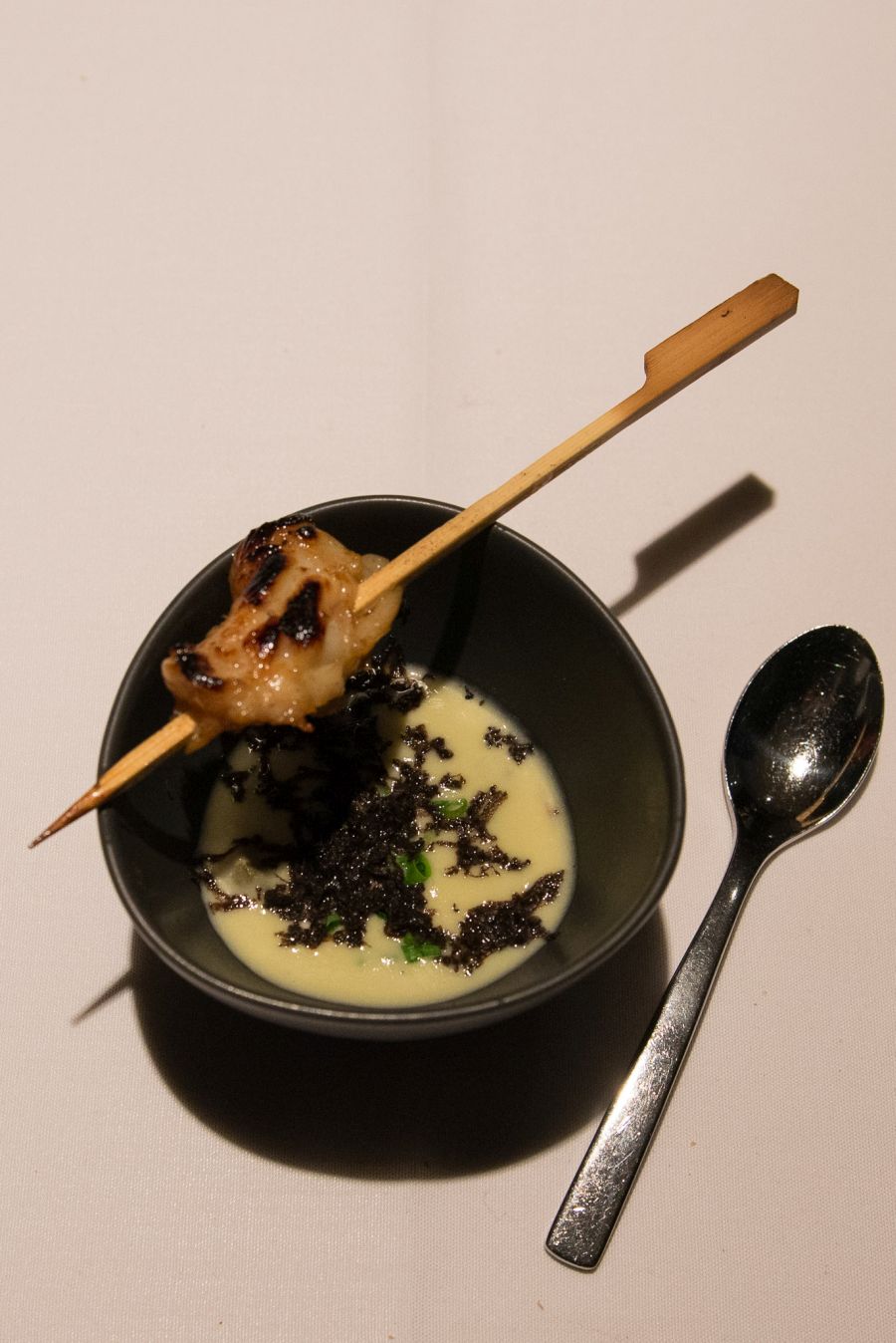 Surprise course: oyster and leek soup with manjimup truffle and Broome bug