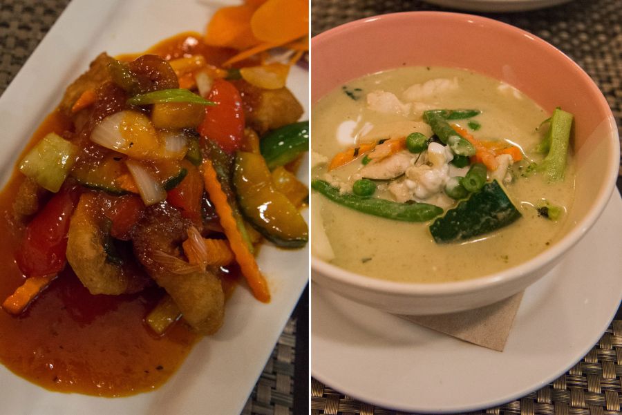 Crispy pan fry 'catch of the day' in sweet and sour sauce  (NZ$23.50), traditional green curry chicken (NZ$21.50)