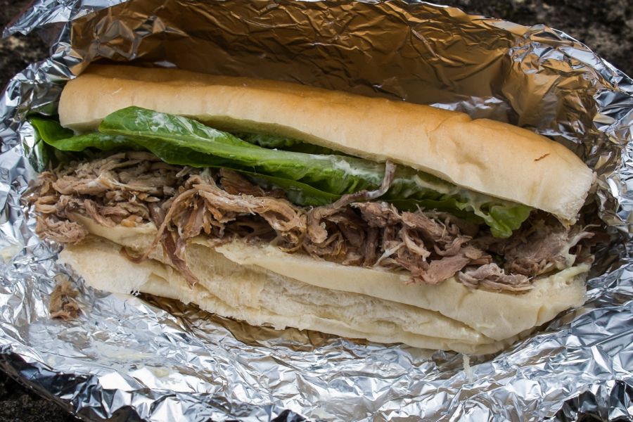 Caribbean pulled pork sandwich