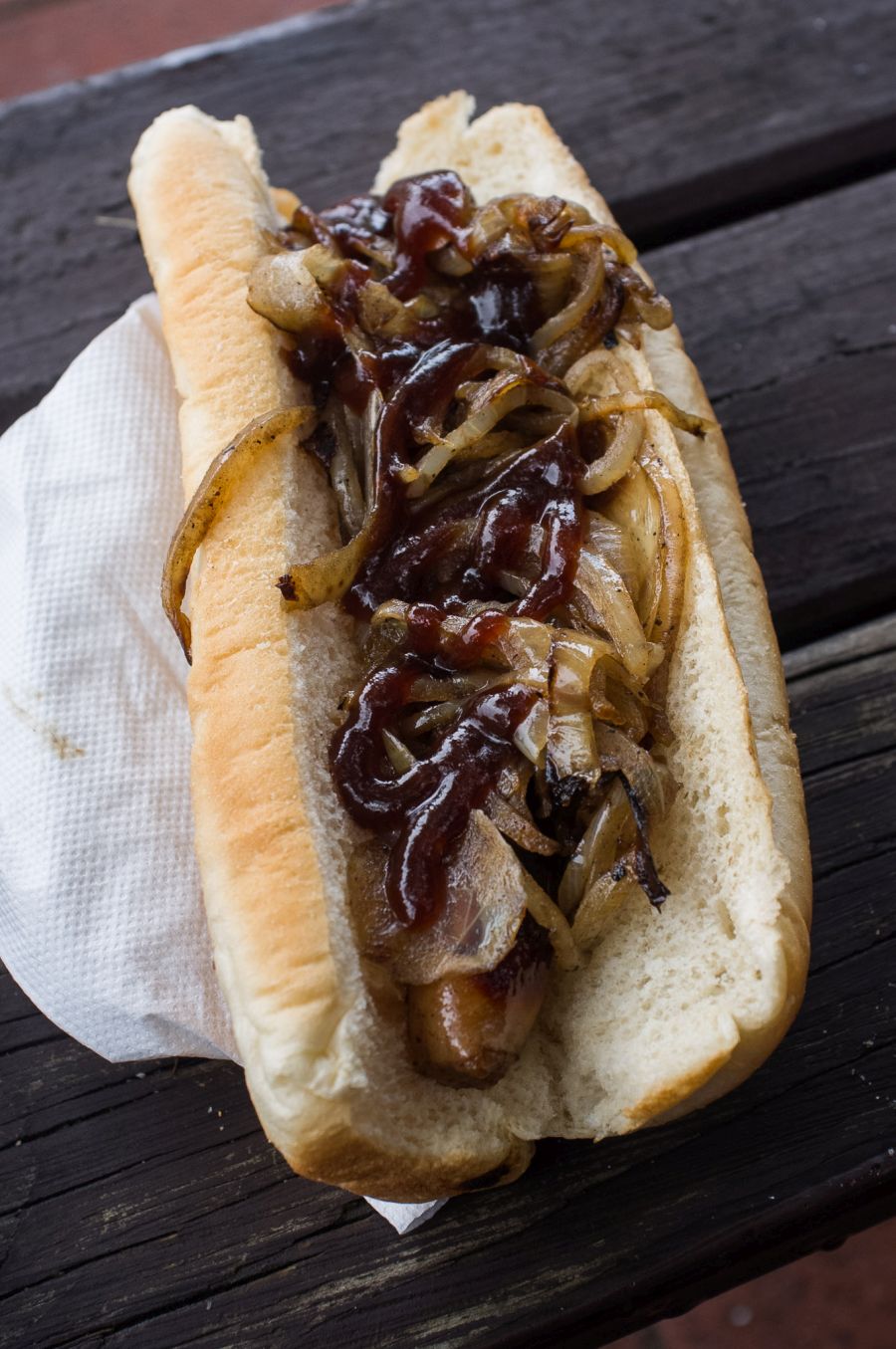 My sausage sizzle: sausage, extra onions, barbecue sauce