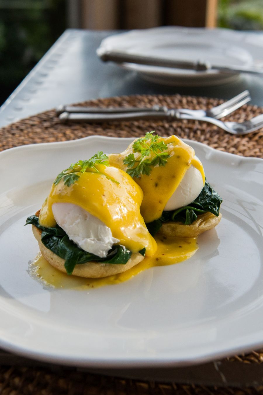 Eggs Benedict - with free range poached eggs, whole grain mustard hollandaise and spinach