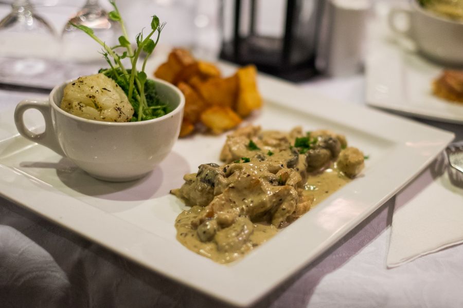 Creamy chicken fricassee served with forester of wild mushroom and herb new potato (AU$29)