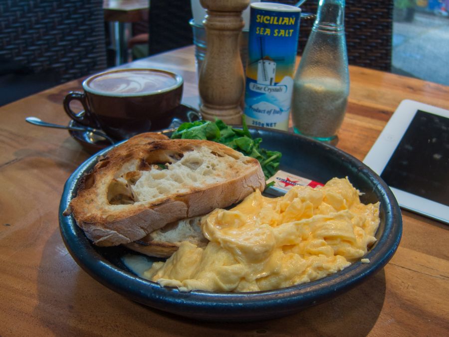  My favourite breakfast of scrambled eggs, spinach and toast at City Farm Cafe in East Perth