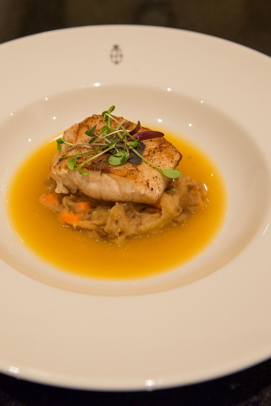 Fish course: grouper with crustacean sauce and hutspot, a Dutch dish of mashed potato, carrots and onions