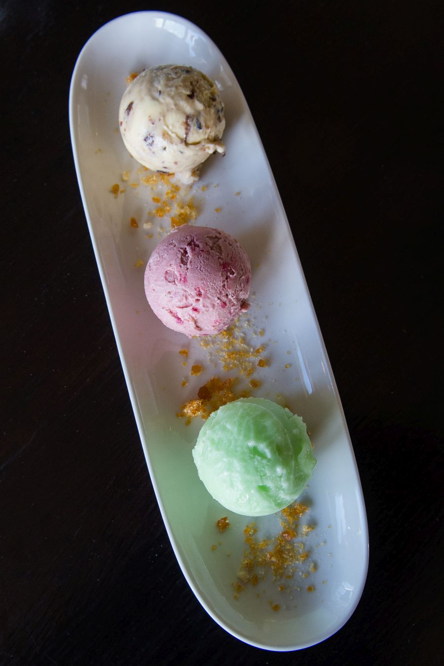 Top to bottom: Fruit mince ice cream, berry ice cream and apple sorbet (NZ$12 for three scoops, selection changes daily)