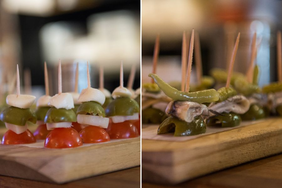 Left: pintxos palmitos - palm hearts, olive, tomato and cheese  (AU$1 each). Right: pintxos gilda - white anchovy, pickle and green olive (AU$1 each)
