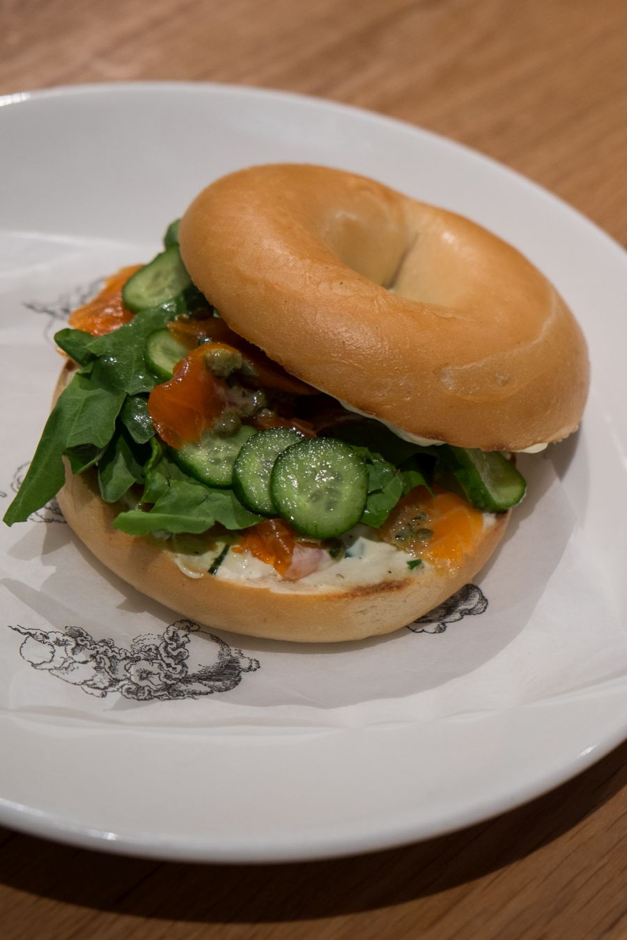 House smoked ocean trout bagel, sorrel, capers & cream cheese (AU$15)