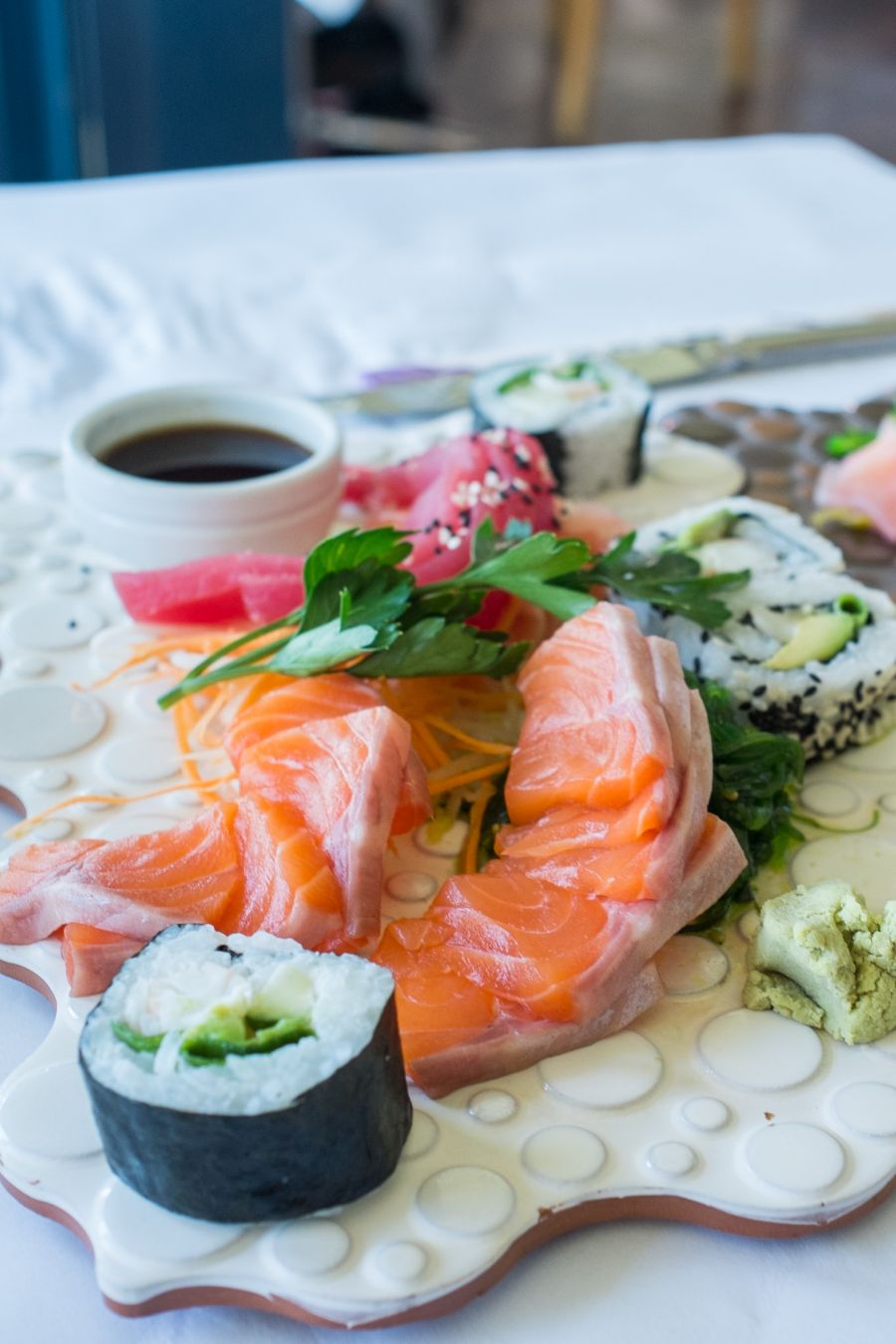 Fresh sushi and sashimi plate with salmon and tuna (AU$28/42)