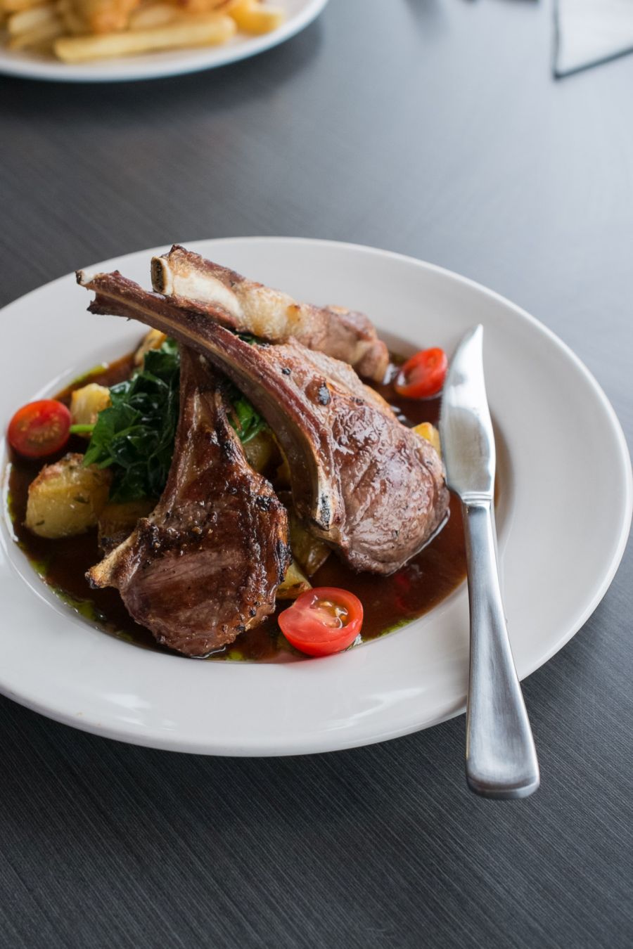 Lamb cutlets - with roast potatoes, wilted spinach and rosemary gravy (AU$31)