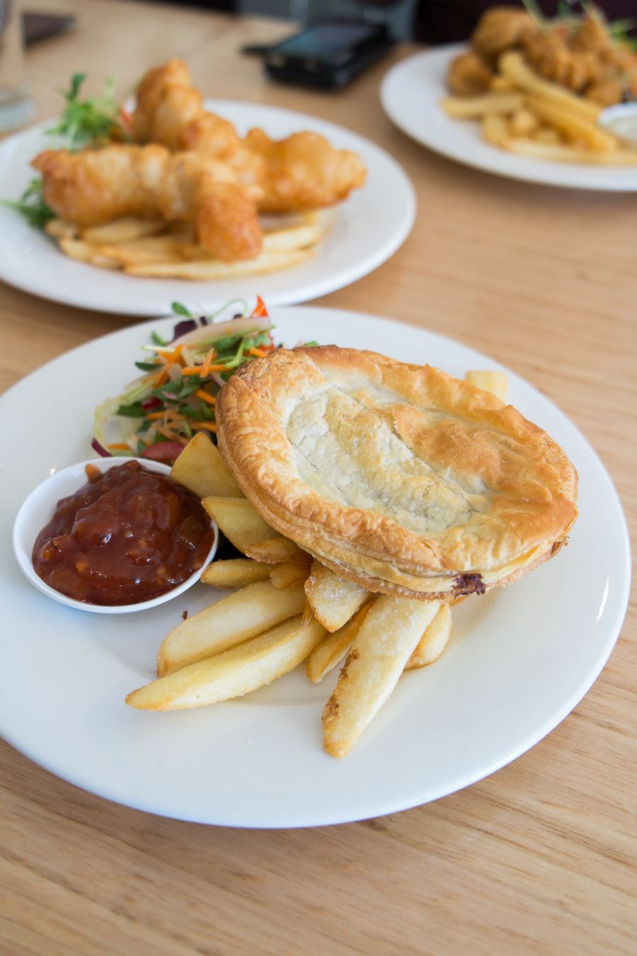 Cascade Stout and beef pie with chunky chips and salad (AU$15)