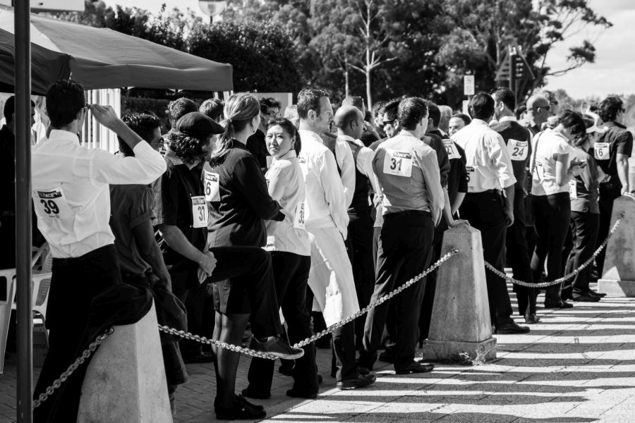 Waiters lined up for their heats