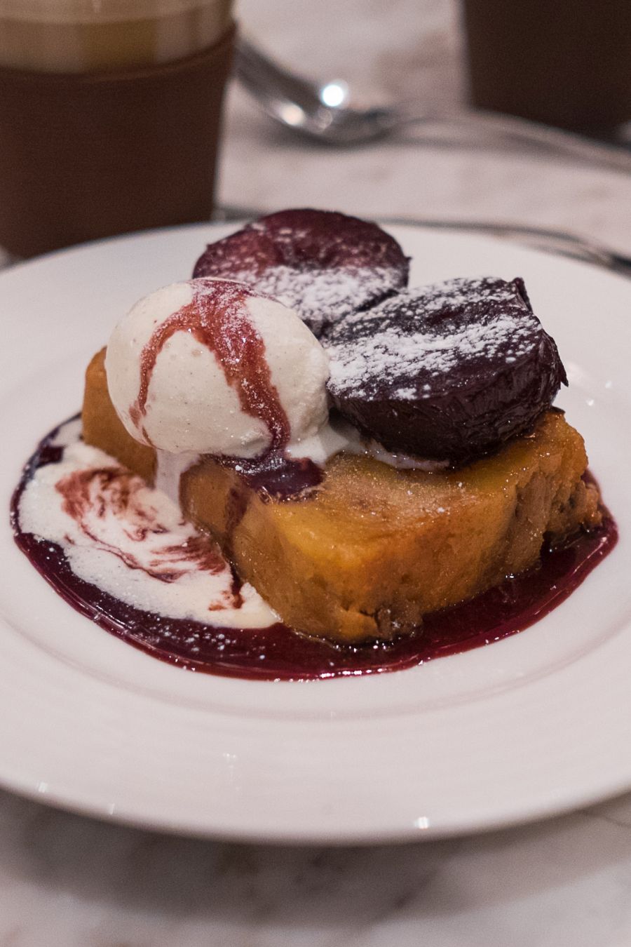 Bread and butter pudding, cinnamon poached plums, vanilla bean ice cream (AU$14.50)