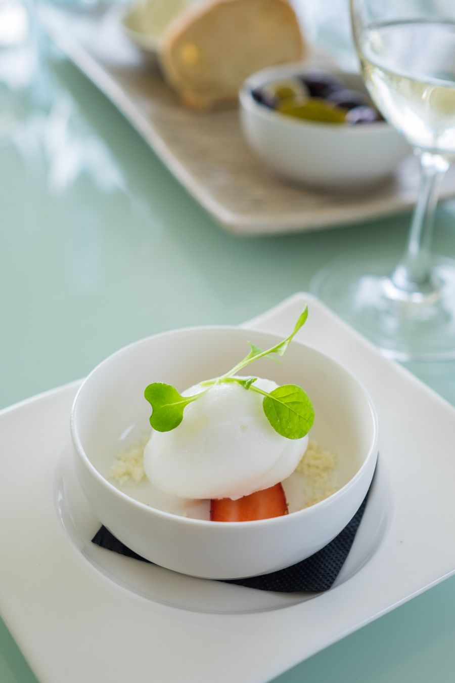 Palate cleanser: lemon sorbet with citrus sherbet and fresh strawberries
